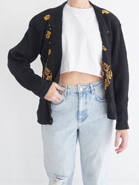 Vintage Worthington Black Gold Rose Floral Leaf Embroidered Knit Cardigan M